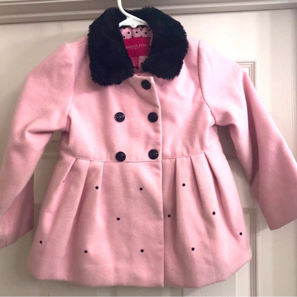 London Fog Jacket Pink Black Fleece W/Faux Fur Girls